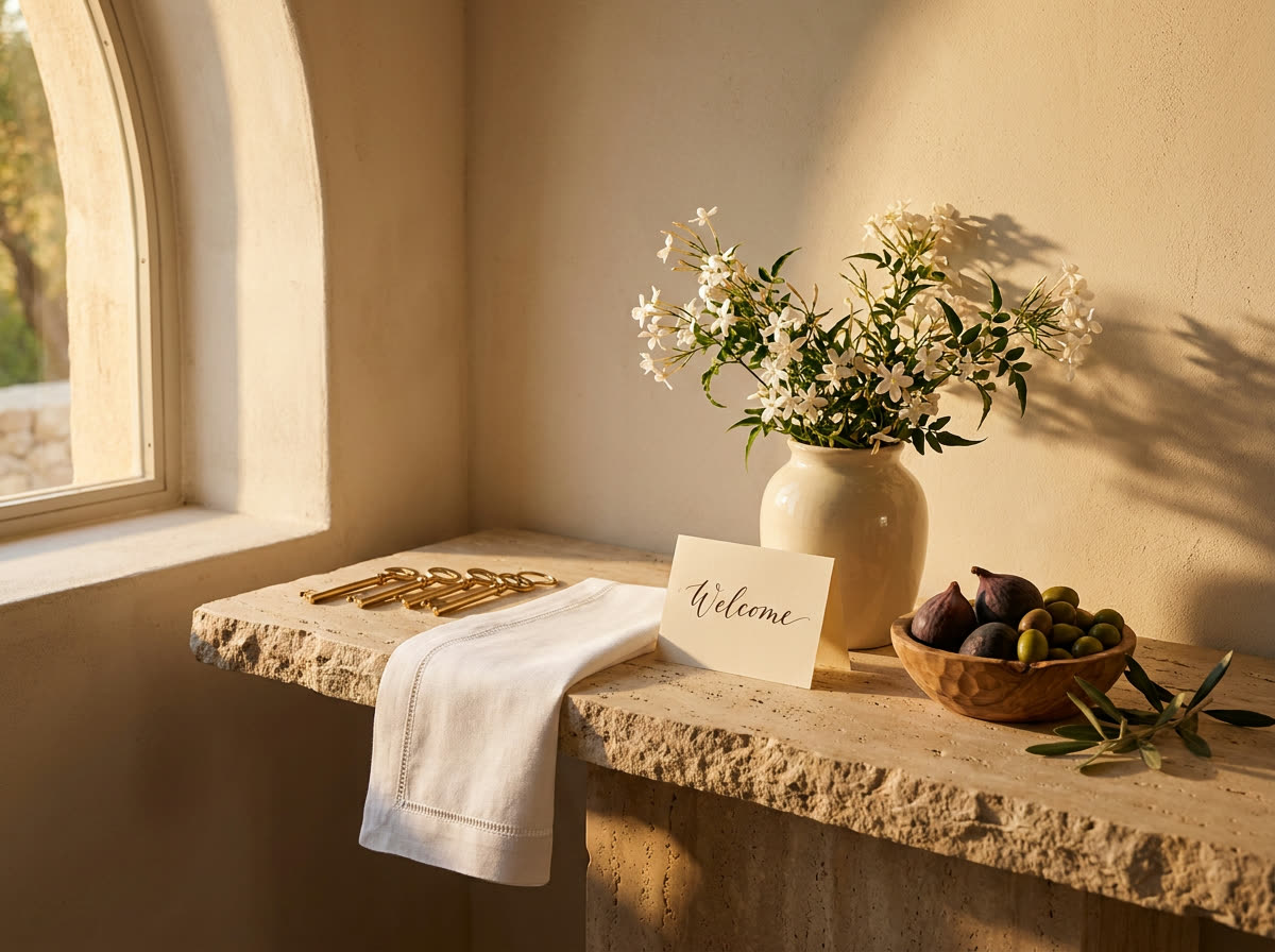 Llaves, jazmín fresco, frutas y nota de bienvenida sobre travertino — preparación de la villa antes de la llegada del huésped