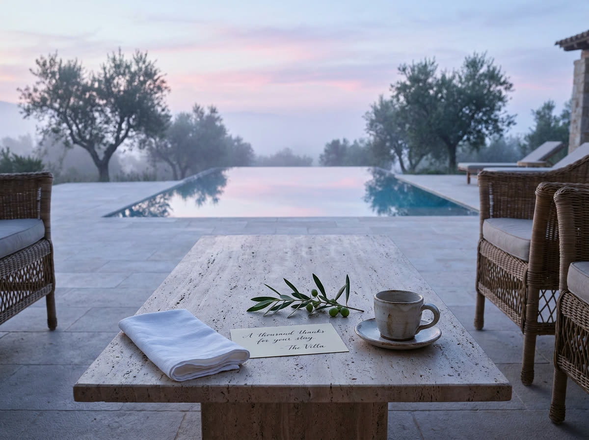 Tarjeta de agradecimiento, taza de café y rama de olivo sobre mesa de piedra al amanecer junto a la piscina