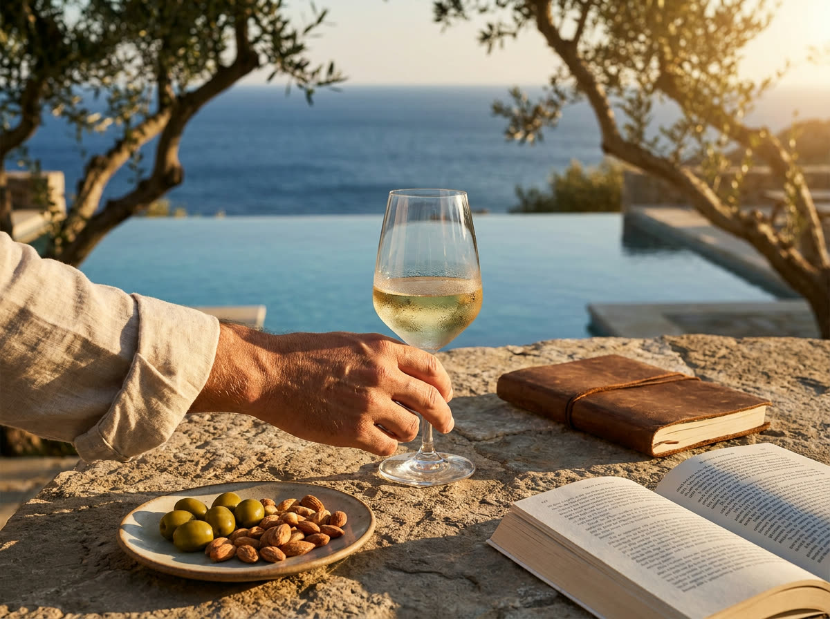 Copa de vino blanco, olivas y libro abierto en terraza mediterránea con piscina infinita al atardecer