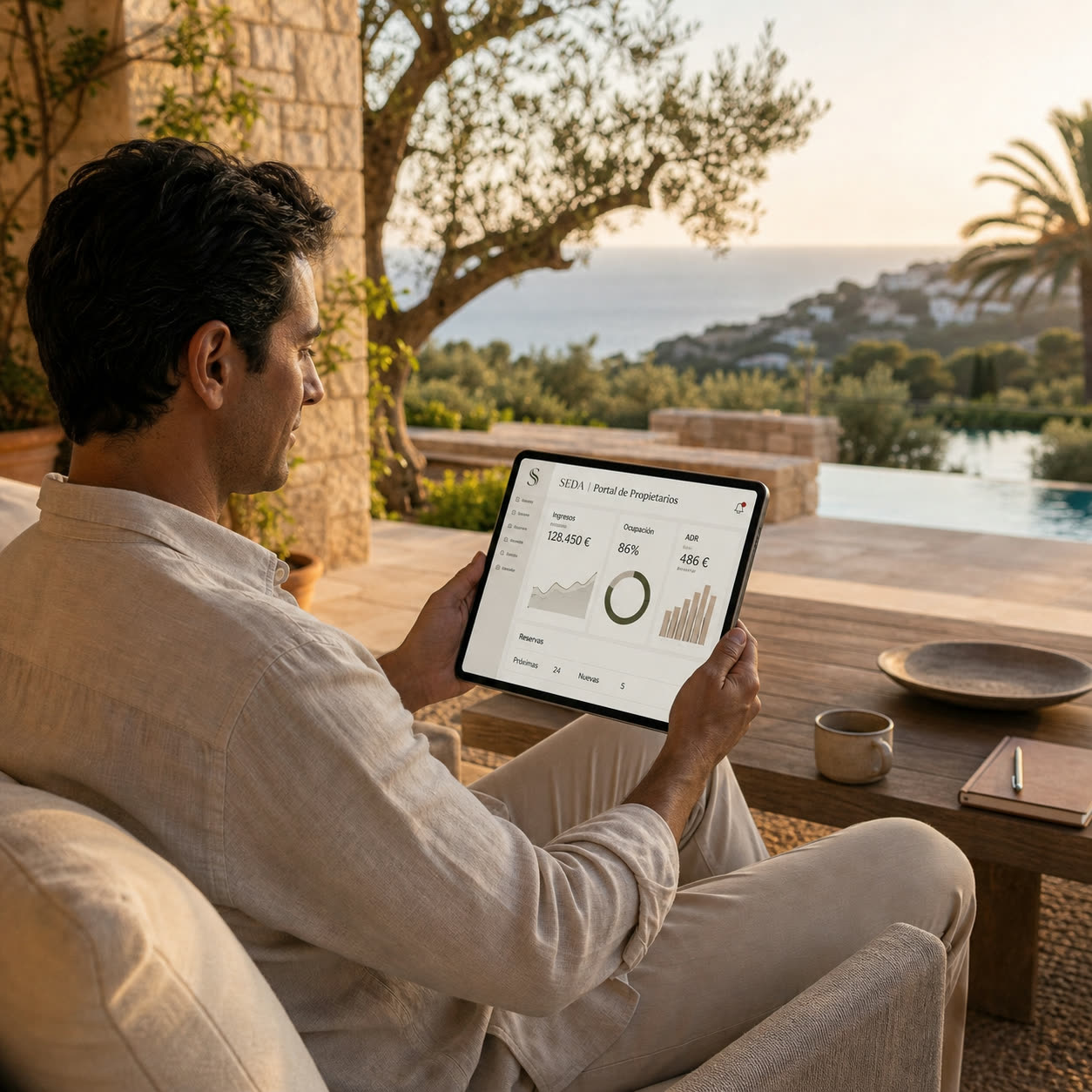 Propietario consultando el Portal de Propietarios SEDA en una terraza con vista al mar